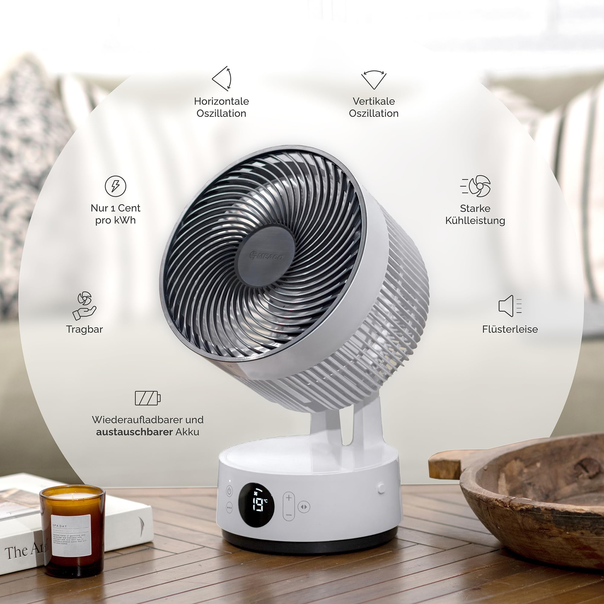 "MEACO MeacoFan Sefte® 8 vantilatör, değiştirilebilir, şarj edilebilir pilli, taşınabilir, çevre dostu, sessiz çalışma, 17 saat çalışma süresi, uzaktan kumanda, gece modu – 2,3 kg