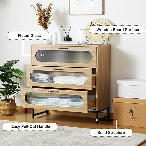 Miniatura 6 de Cómoda de madera con 3 cajones de vidrio templado y asa de metal, cómoda de 3 cajones, cómoda organizadora de almacenamiento para dormitorio, sala