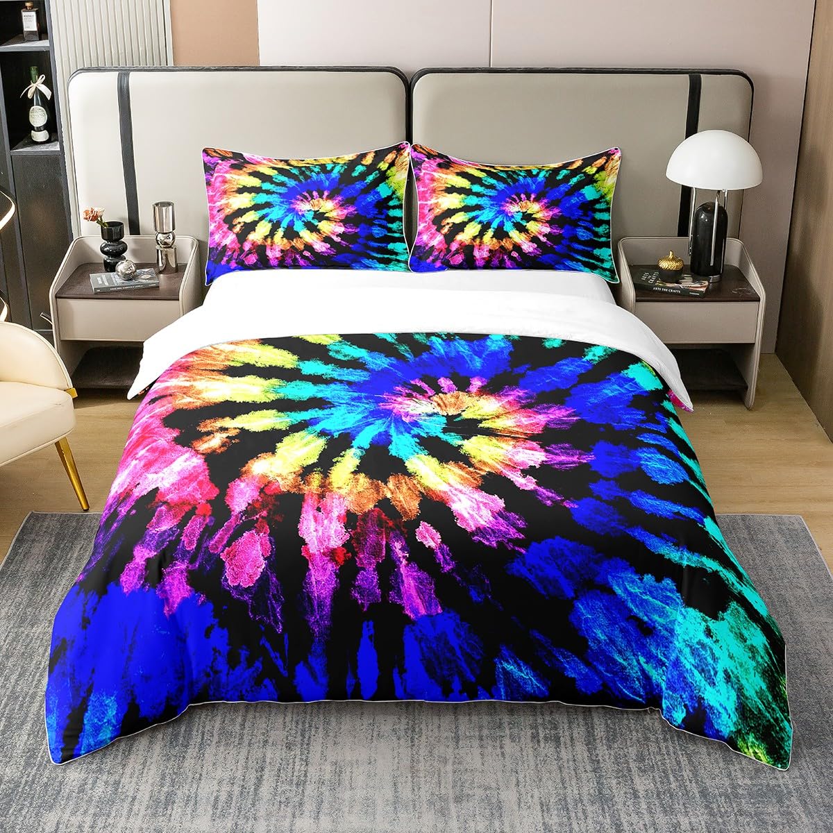 Loussiesd Tie Dye 100% Cotton Duvet Cover King Size 1 Panel Boho Hippie Decorative 100% Cotton Duvet Cover Trippy Tie Dyed Bohemian Gypsy Purple Colorful Bedspread