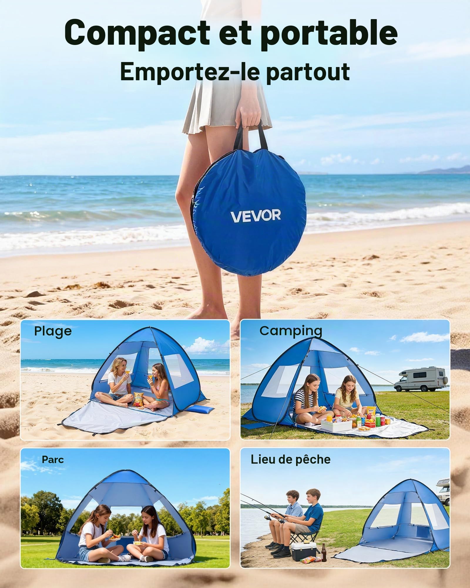 VEVOR Tente de Plage Portable pour 2 Personnes, Abri de Plage Anti-UV Protection UPF 50+, Auvent de Camping Pêche Pique-niques en Plein Air, Abri Soleil avec Sac de Transport et Poches à Sable