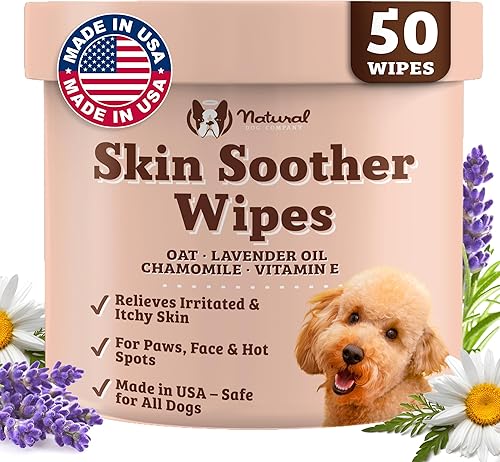 Natural Dog Company Toallitas calmantes para la piel, 50 unidades, alivio de alergias en la piel, toallitas para mascotas para perros, fórmula