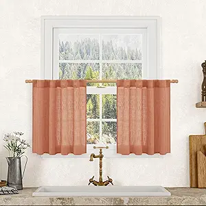 LAMIT Terracotta Semi Sheer Linen Curtains 24 Inch Long, Light Filtering Panels Back Tab and Rod Pocket Neutral Drapes for Cafe/Bathroom/Small Window, 2 Panels, 34 x 24 Inch