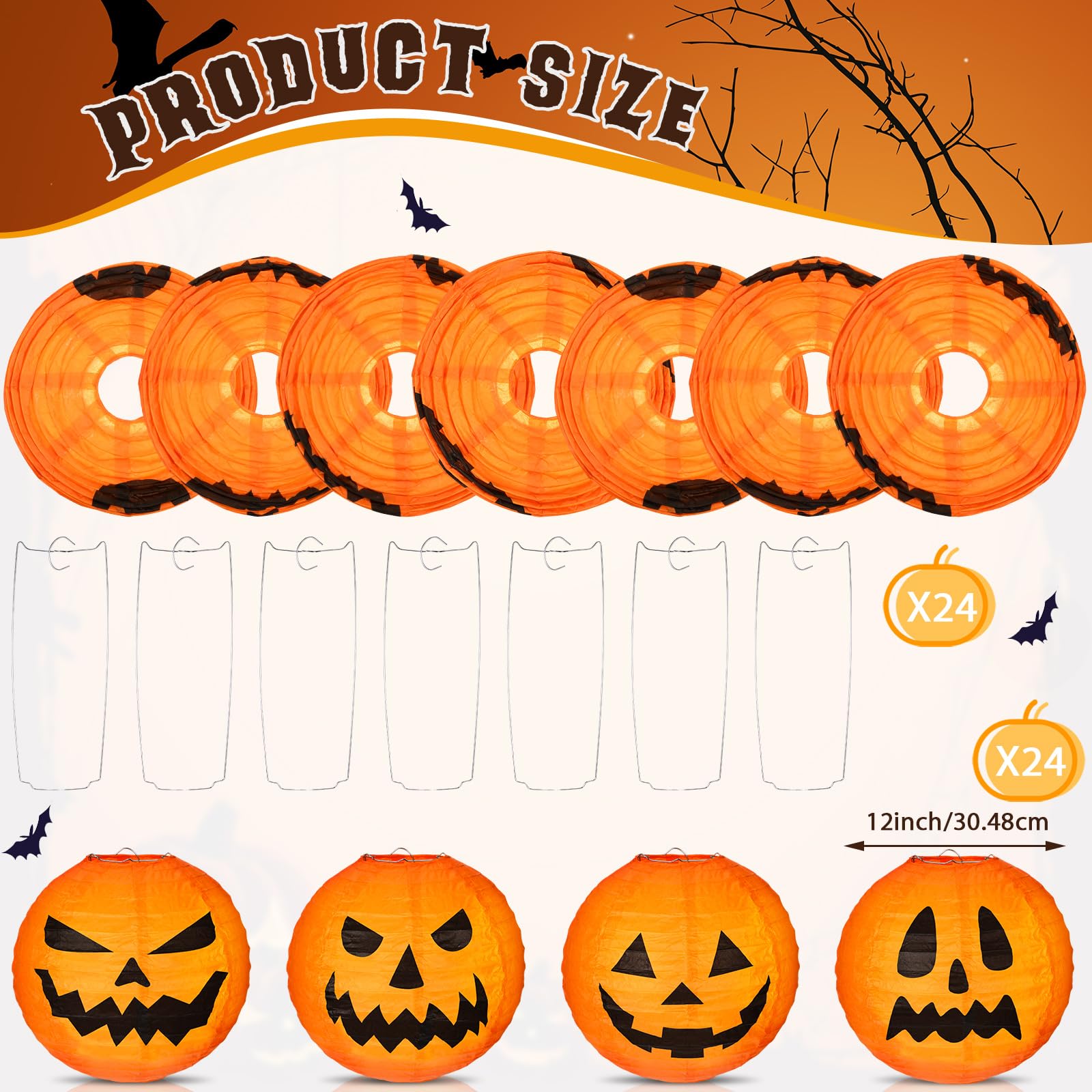 Retisee 24 Pcs Halloween Pumpkin Scary Eyeballs Paper Giant Lantern Jack O Lantern Orange Garden Decoration for Halloween Party, Indoor Outdoor Decor, 12 inches(Pumpkin)