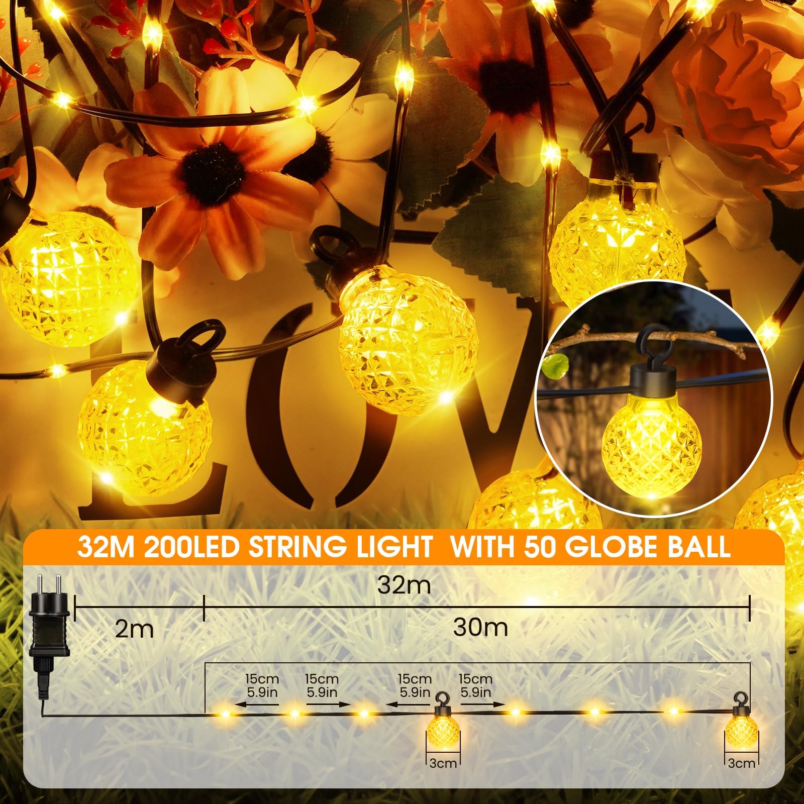 NIBSHOOM Catena Luminosa Esterno, 200 LED 32M Dimmerabile Lucine da Esterno Giardino con Telecomando, 8 Modalità, IP65 Luci Giardino per Giardino Balcone, Natale, Matrimonio, Pergola