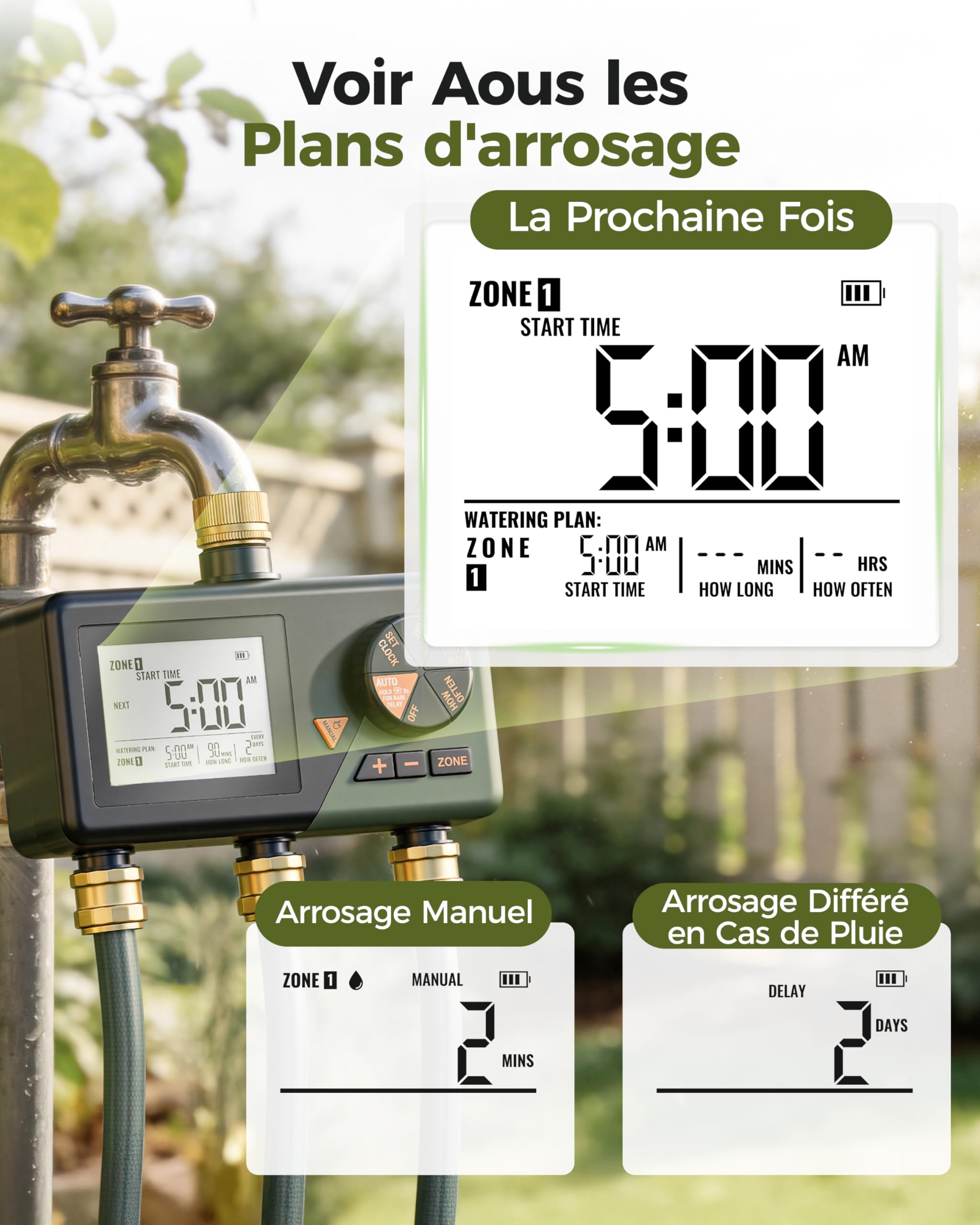 Diivoo Programmateur Arrosage Automatique 3 Voies avec Entrée en Laiton | Grand Écran LCD, Retard de Pluie, Arrosage Manuel/ Automatique, Convient pour Jardin, Pelouse