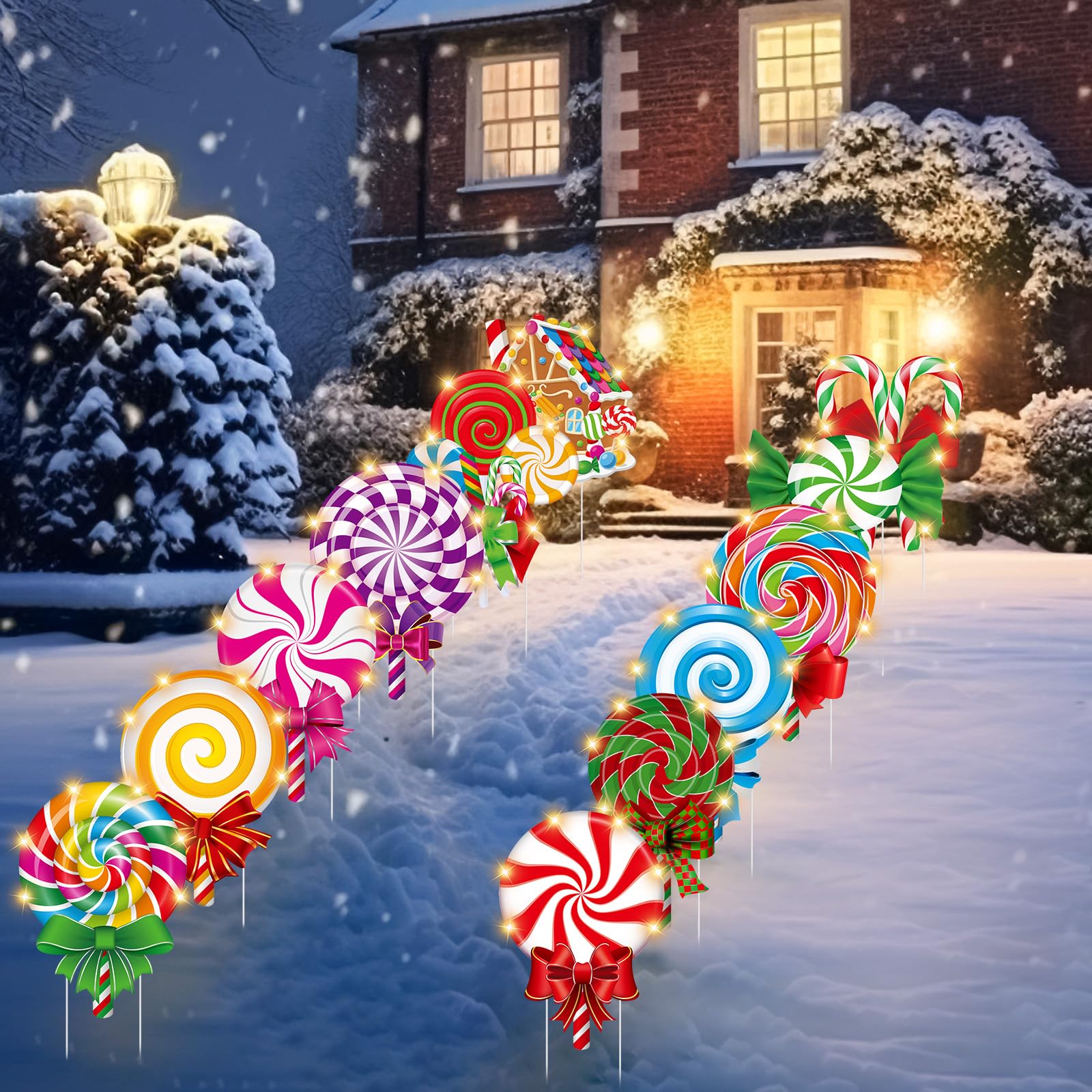 Blosssound Lot de 12 panneaux lumineux de Noël avec piquets et lumières LED - Sucettes de Noël à la menthe poivrée - Décoration d'extérieur pour Noël, vacances, extérieur, pelouse, jardin, allée