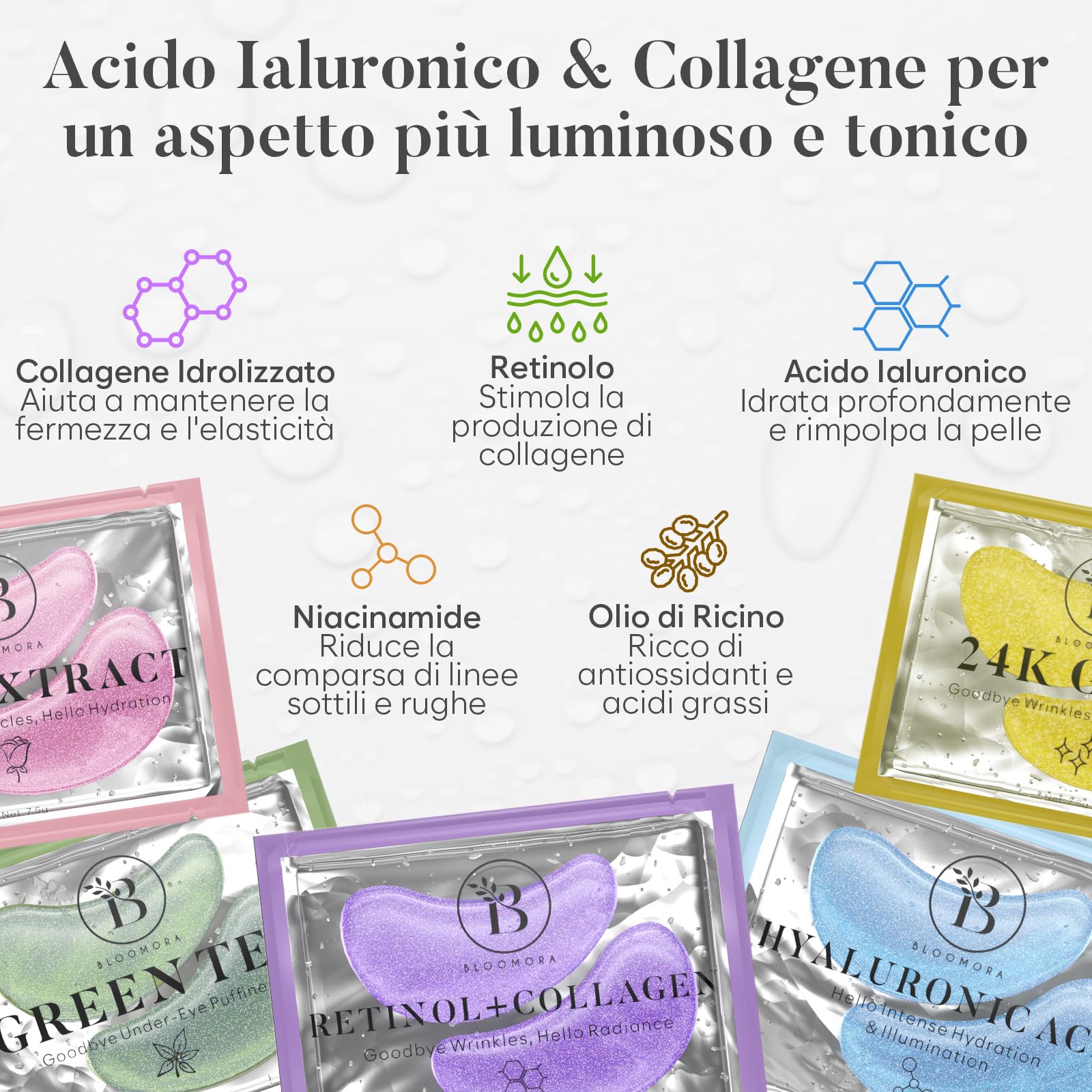 BLOOMORA Patch Occhi (30 paia, Mix Varietà) – Maschera Contorno Occhi con Collagene e Acido Ialuronico – Patch Occhiaie e Borse, Eye Mask Idratante