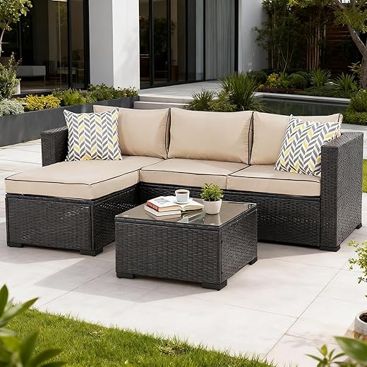 JAMFLY 3 Piece Outdoor Patio Furniture Set, PE Rattan Modular Conversation Set Sectional Sofa with Thick Cushions & Glass Top Coffee Table, All-Weather Outside Furniture for Garden, Balcony, Khaki