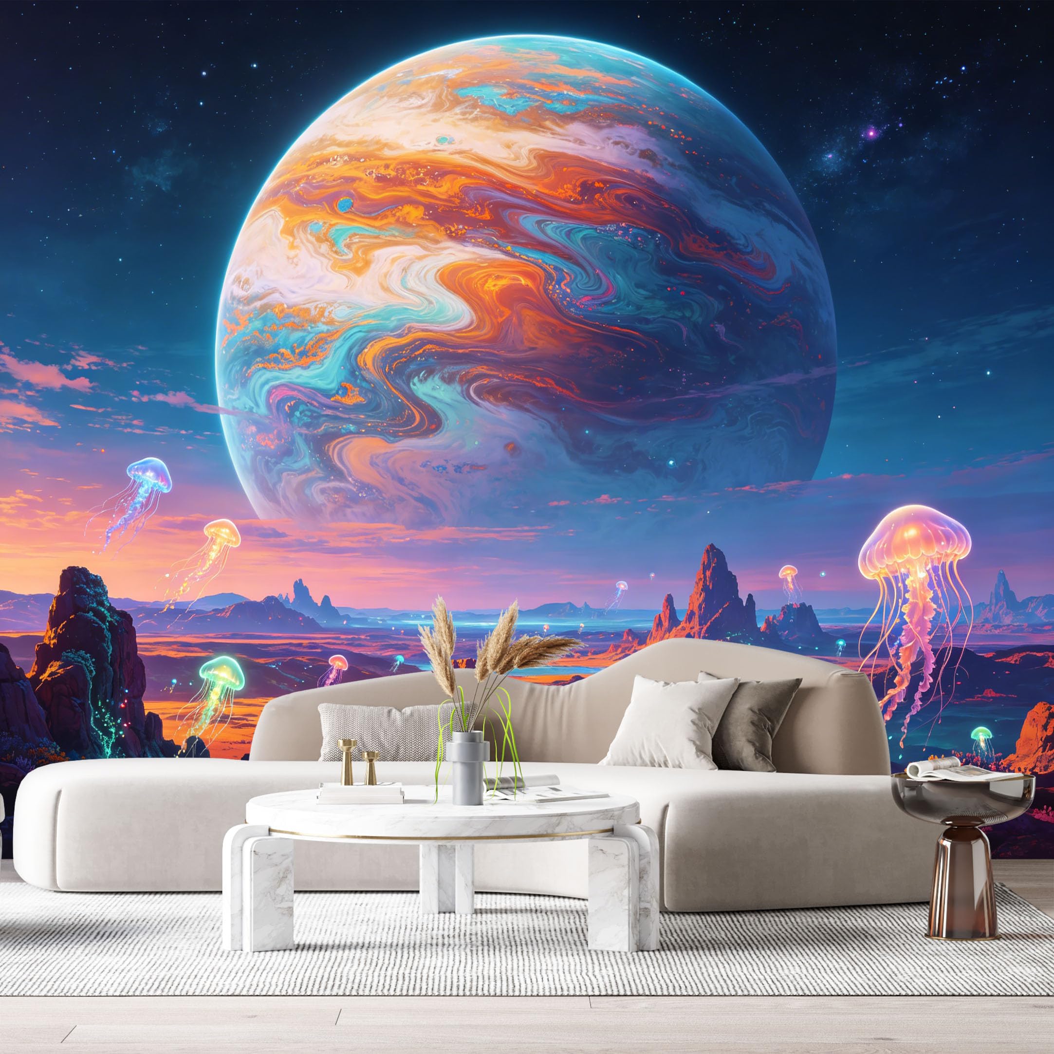 Custom Size Wall Murals Cosmic Ocean Landscape 3D Planet Jellyfish Glow SelfAdhesive Wall Fabric Removable Large Wallpaper for Photo Living Room