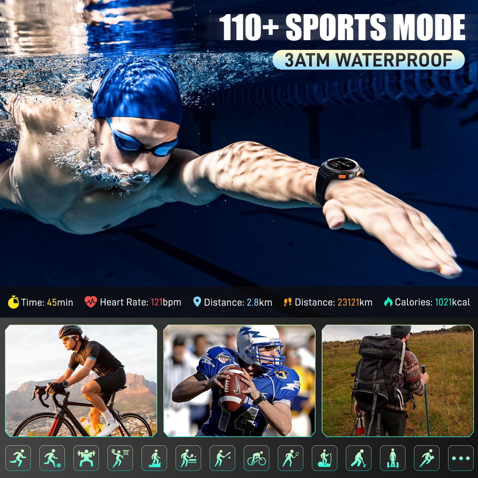 Smartwatch Militare Uomo Impermeabile 3ATM con Torcia LED, 1,45" HD Rugged Smartwatch Orologio con Chiamate, Fitness Tracker con 110+ Modalità Sport Bussola Altitudine Barometro SpO2 per Android iOS