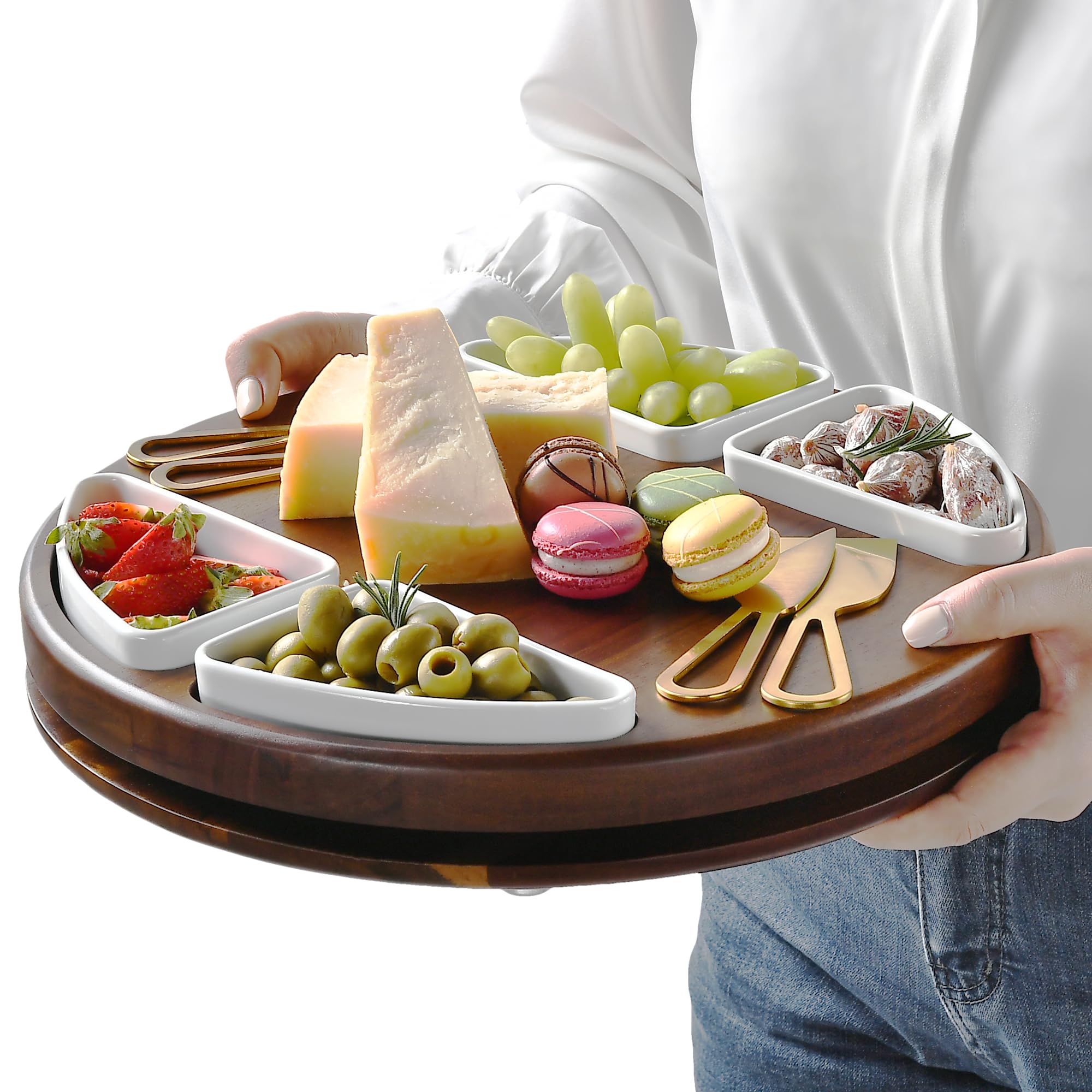 Juego de tablas de cortar de queso Lazy Susan mejoradas, tabla redonda de acacia para embutidos con 4 cuencos de cerámica, regalos de boda, plato para servir queso, despedida de soltera 9