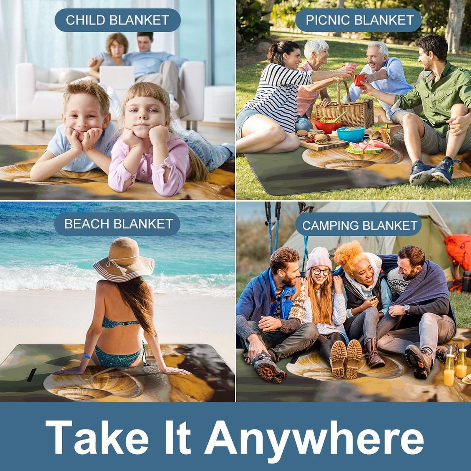 Coperta da picnic da spiaggia, coperta da picnic con lumaca in foglie, impermeabile, pieghevole, extra large, tappetino quadrato da picnic, per escursioni, viaggi, campeggio all'aperto, parchi