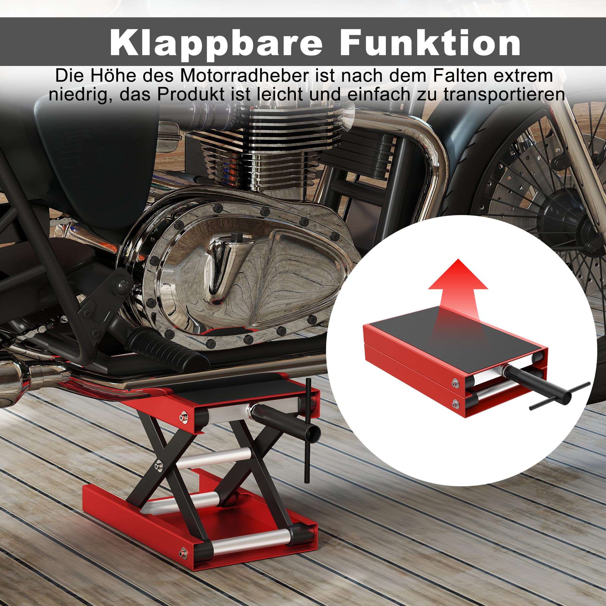 XMTECH Podnośnik do motocykli, 500 kg, podnośnik nożycowy z regulacją wysokości 95-340 mm, z szerokim pokładem i korbą, stojak środkowy do naprawy i konserwacji motocykli, wytrzymały i wytrzymały