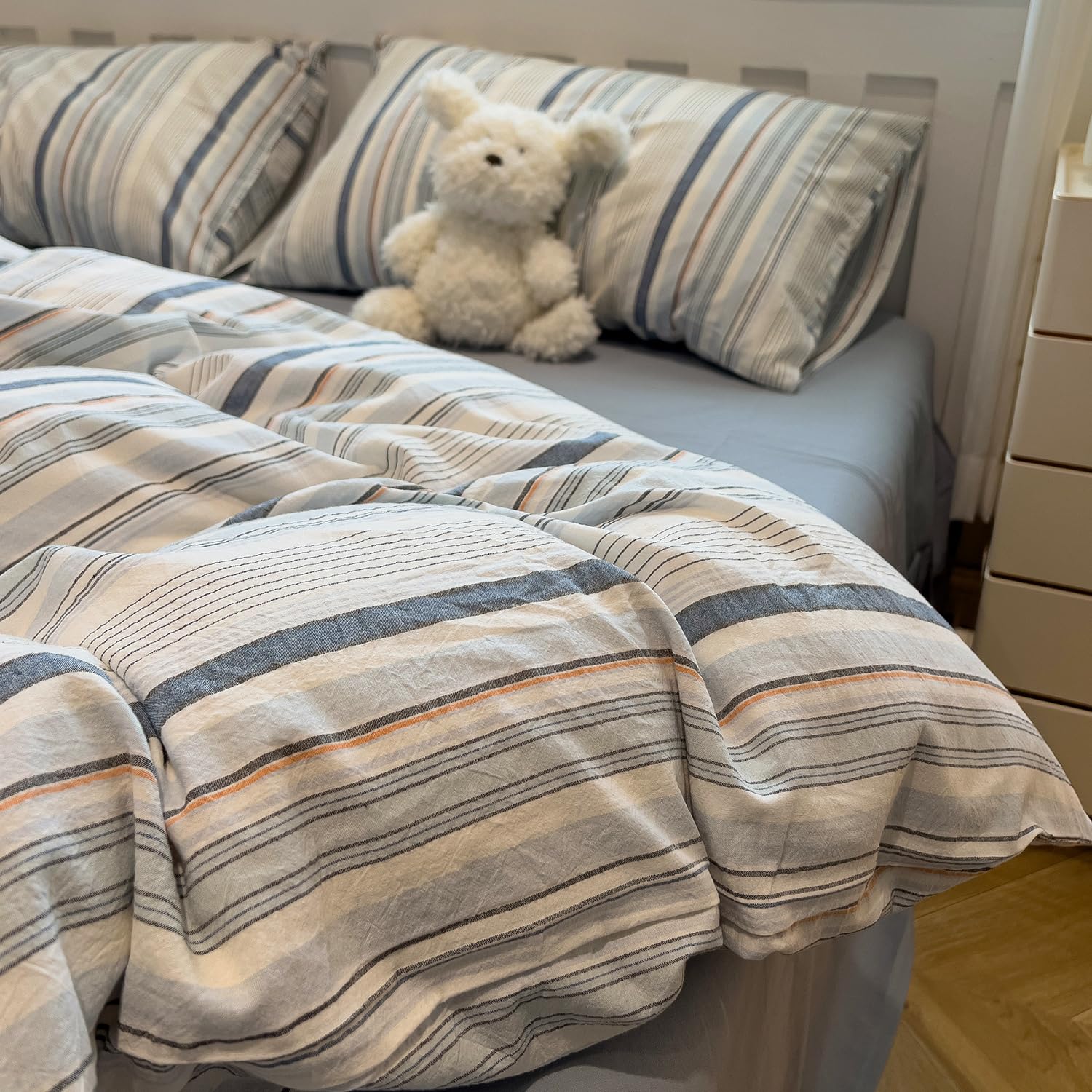 mixinni Vintage Blue and White Striped Duvet Cover Set Full - 100% Washed Cotton 3 Piece Bedding Set with Geometric Pattern, Soft Breathable Comforter Cover with Zipper Closure &amp; Corner Ties