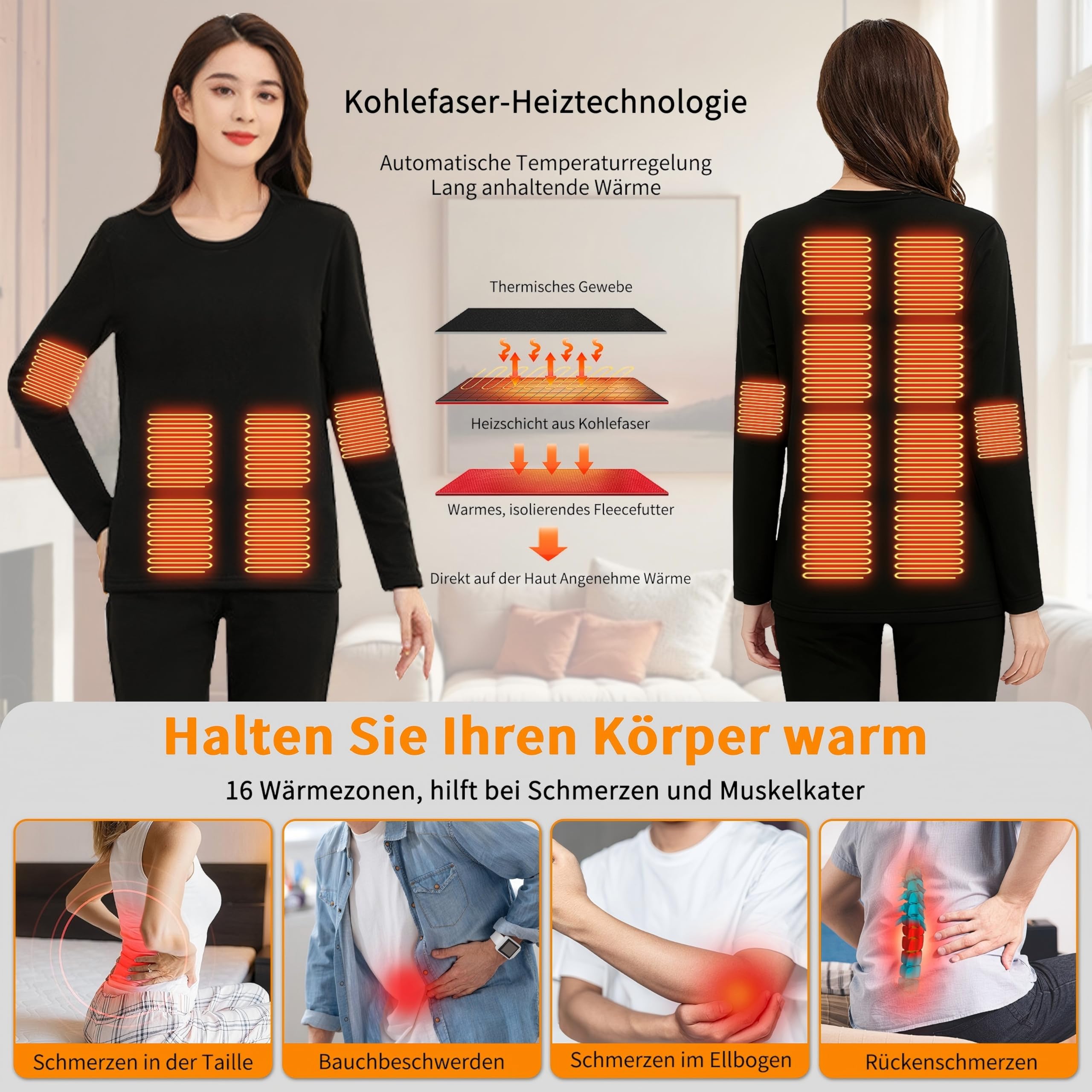 Beheizbare Unterwäsche Herren Damen, USB-Thermo Unterhemd mit Akku, 16 Zonen, Thermounterwäsche Beheizbare Oberteil für Joggen
