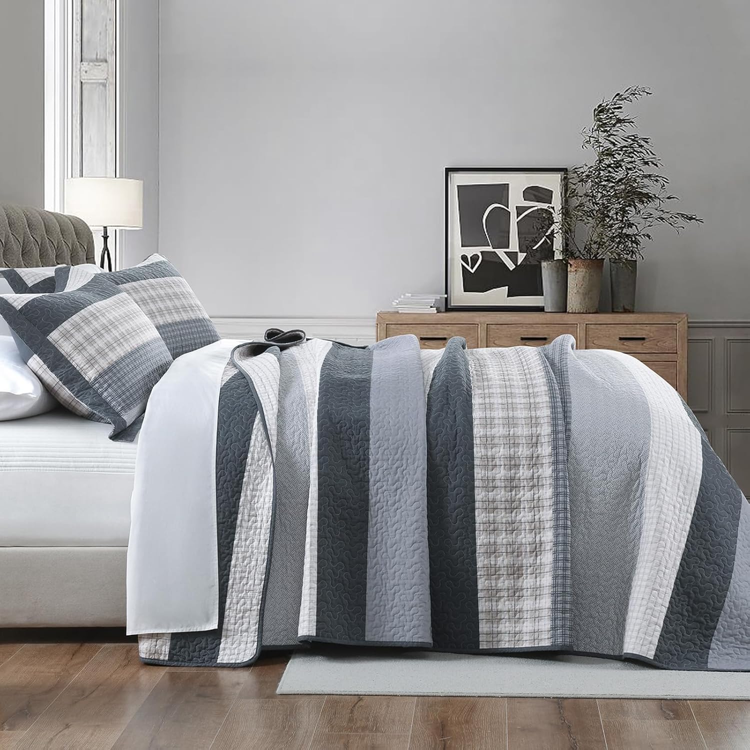 SahSahCasa Quilt Set King Size, 100% Cotton, King Comforter Set, Striped Quilted Bedspreads, Farmhouse King Bedding Set, Lightweight Bed Spread for All Season, Gray/Beige, 3pcs - Image 3