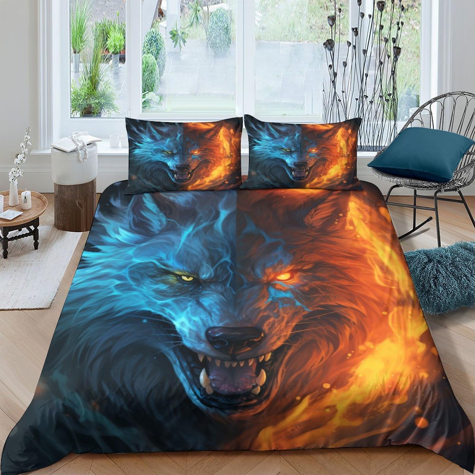 Parure de lit loup glacé housse de couette 220x240cm animal 3D microfibre king