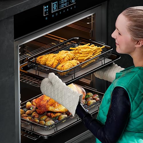 Miniatura 5 de Cesta para freidora de aire para horno, juego de 2 cestas y bandejas para freidora de aire con 60 hojas de papel pergamino, sartén antiadherente de