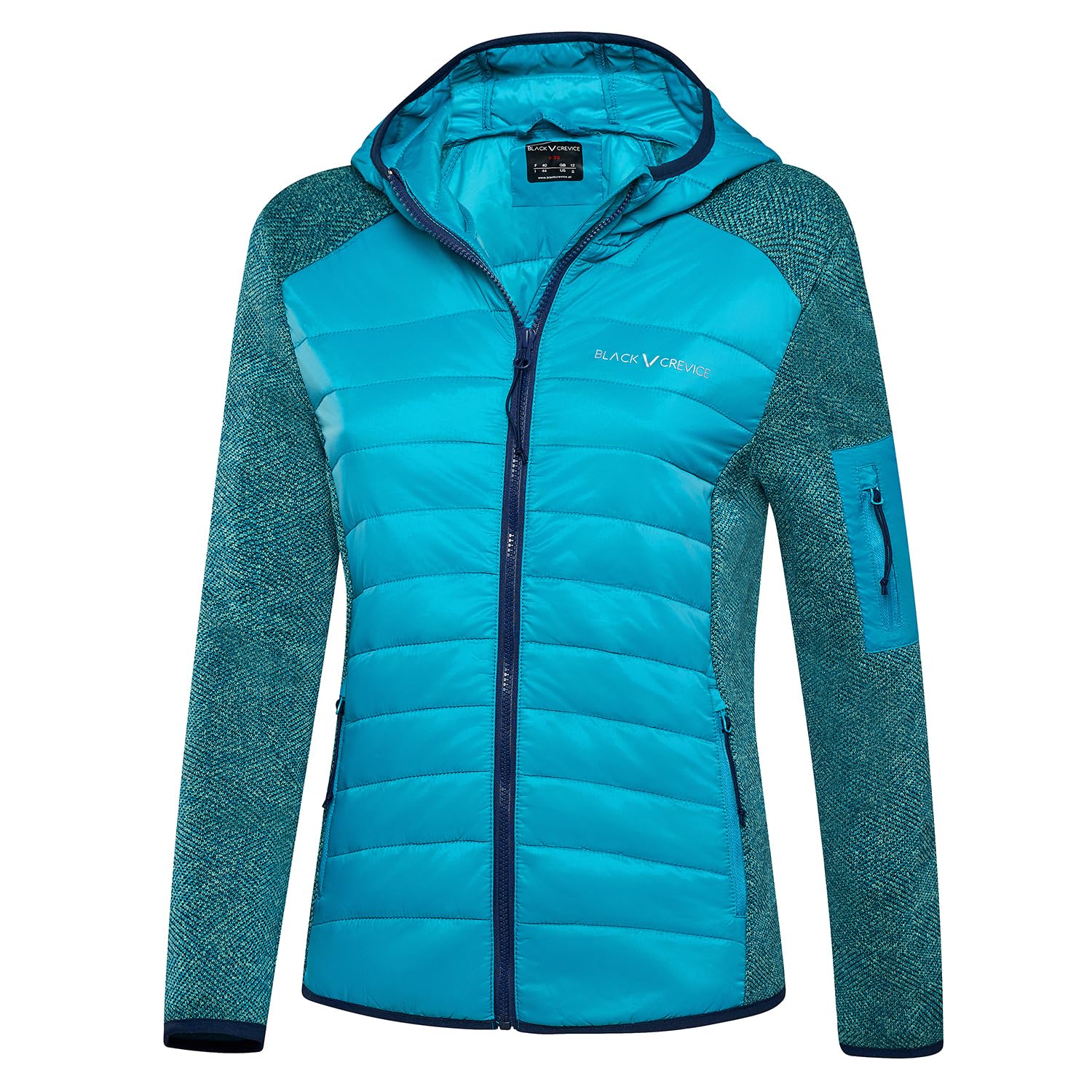 Black Crevice Damen Hybridjacke mit Kapuze I leichte, elastische Funktionsjacke im Strickdesign I Winddicht, wasserabweisend & atmungsaktiv – für Outdoor, Wandern & Wintersport