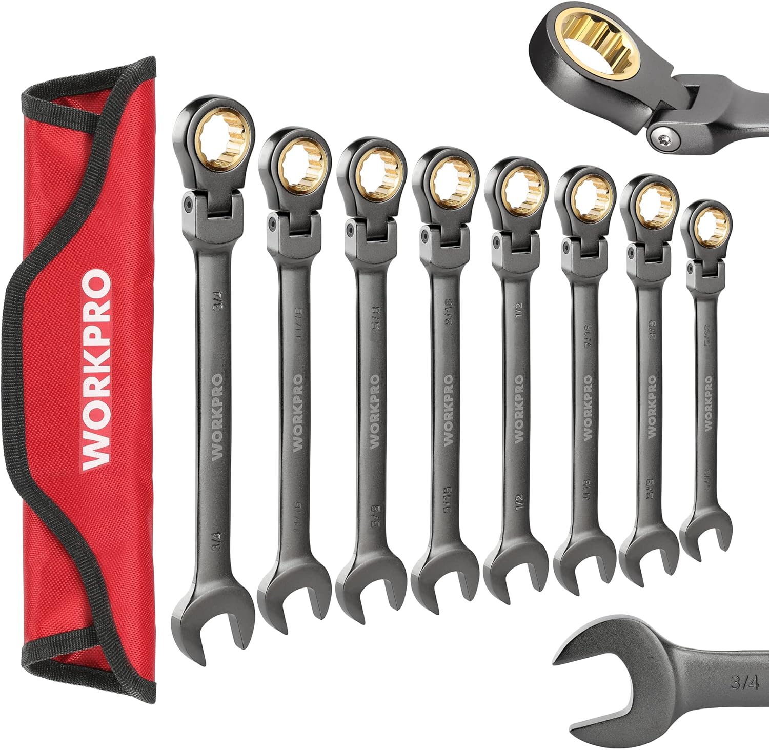 WORKPRO 8Piece FlexHead Ratcheting Combination Wrench Set, SAE 5/163