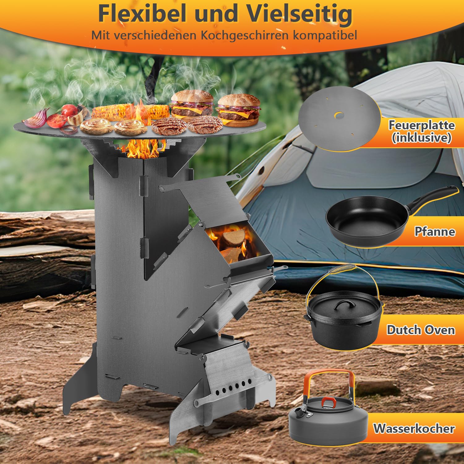 Raketenofen mit Grillplatte und Feuerhaken, Rocket Stove Outdoor, Stecksystem, 3 mm dickem Stahl, Holzofen Campingofen Pelletofen für Dutch Oven BBQ