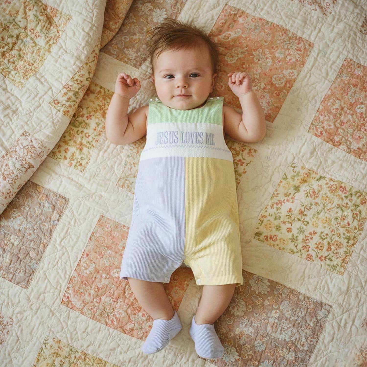 KMBANGI Baby Boy Girl Jesus Loves Me Overall Romper Newborn Christian Outfit Sleeveless Seersucker Bodysuit Baptism Clothes - Image 2