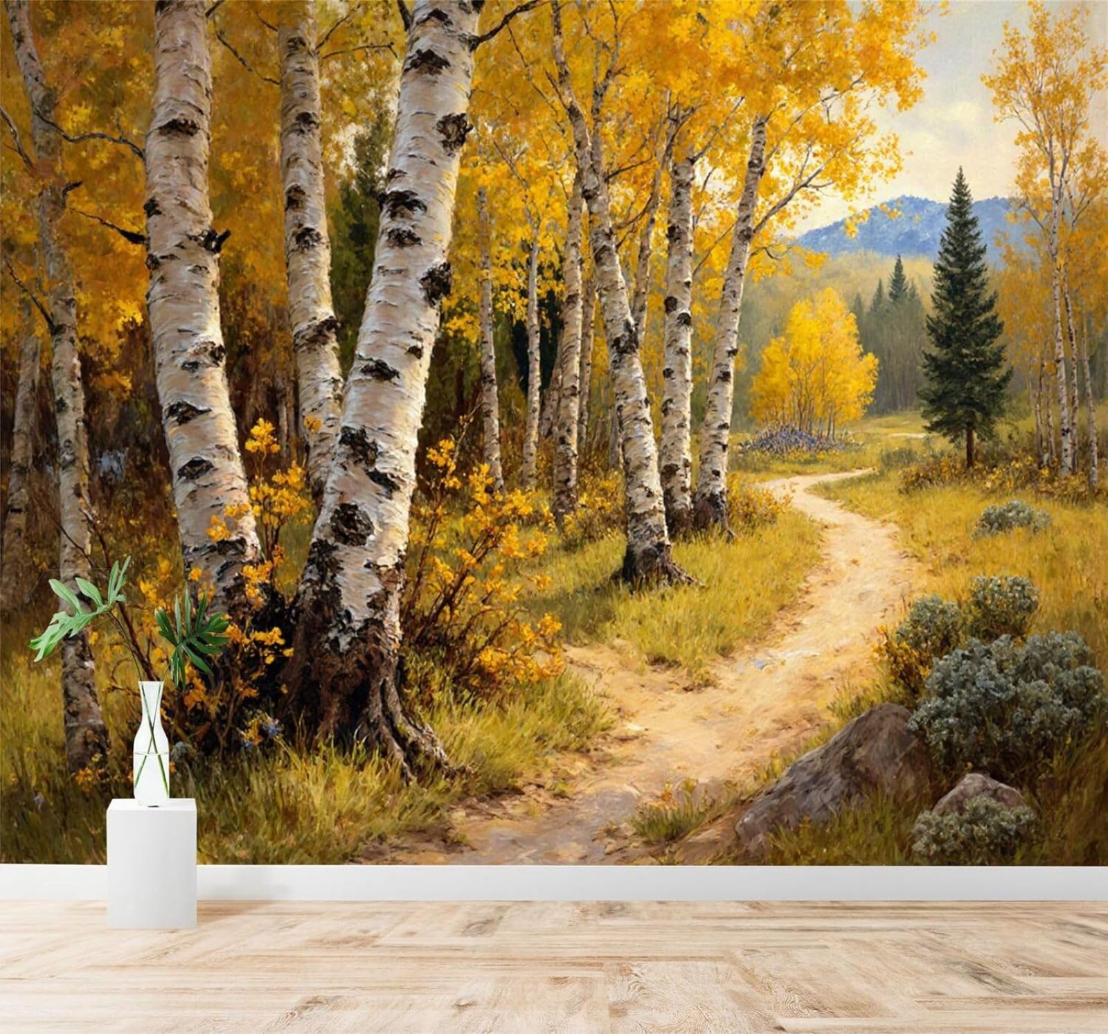 Xlming 350Cm×256Cm(B×H) Autumn Gold Woodland Mountains Footpath 3D Wallpaper Premium Textured Silk Study Dining Living Room Bedroom Sofa Tv Wall Easy Install-350Cm×256Cm