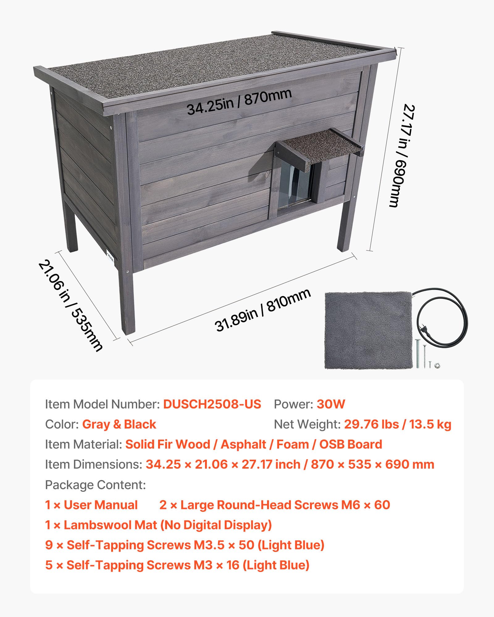 VEVOR Cuccia Riscaldata per Gatti, Rifugio Isolato Impermeabile in Legno da Esterno, con Cuscinetto Riscaldante, Porta a Battente e Tetto Apribile in Asfalto per 1-3 Gatti, 87 x 53,5 x 69 cm