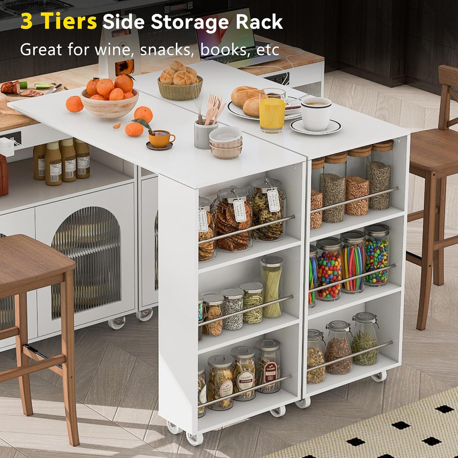 Rolling Kitchen Island With Extended Table, Kitchen island on Wheels with LED Lights,Power Outlets and 2 Fluted Glass Doors, Kitchen Island with a Storage Compartment and Side 3 Open Shelves,White