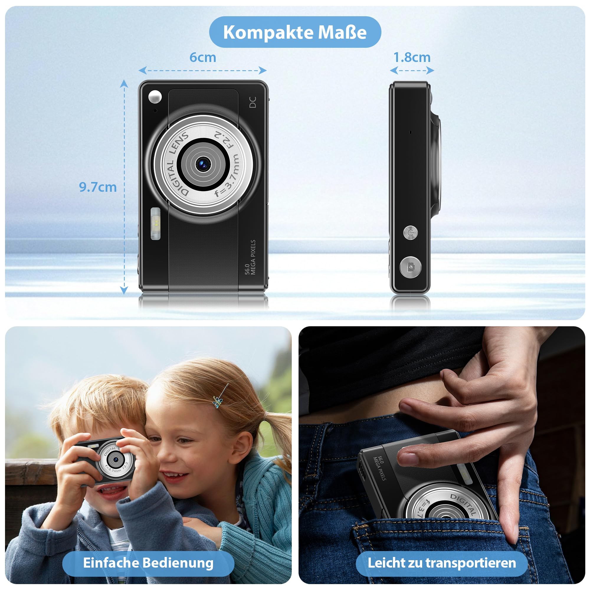 Digitalkamera 56MP 1080P Fotokamera mit 32GB SD-Karte & 2 Akkus, 16-Fach Digitalzoom mit 2,8" LCD-Display, Fotoapparat Kompakt Digitalkamera für Einsteiger, Jugendliche und Studenten, Schwarz