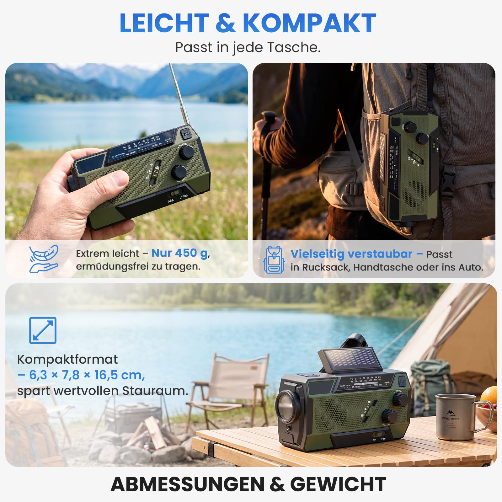 Kurbelradio Notfallradio 4000mAh (14800 mWh) Akku, Powerbank mit 3 integrierten Kabeln, Radio mit Kurbel und Solar, AM/FM SOS Alarm Taschenlampe Notfall Kurbel Radio für Camping Outdoor Stromausfall