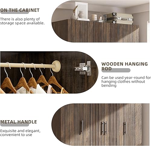 Miniatura 5 de PAKASEPT Armario Armario con 4 puertas, 70.87 pulgadas de alto Armarios para dormitorio con puerta calada, cajones, barra para colgar y estantes,