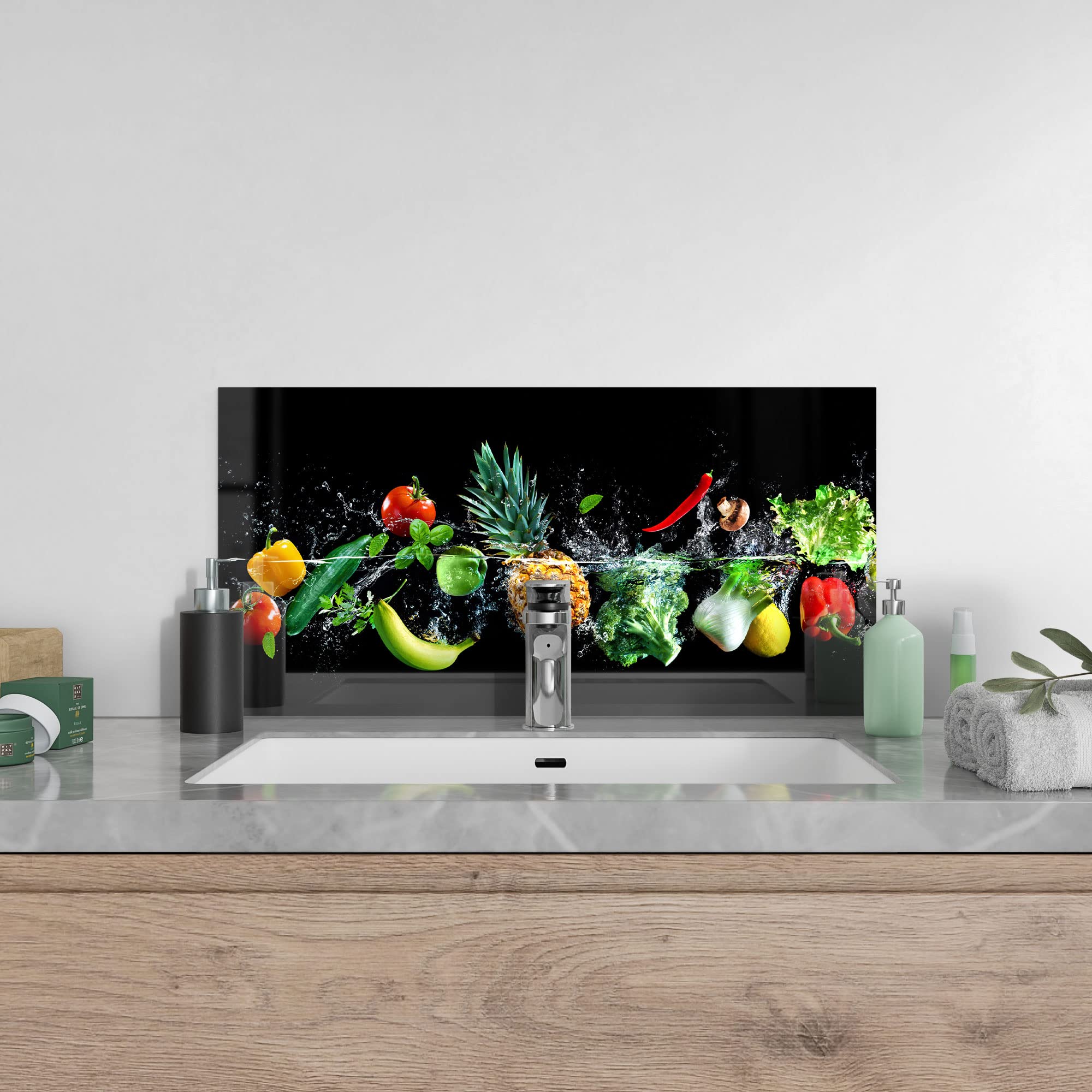DEQORI Küchenrückwand Glas | Motiv Sauberes Obst und Gemüse | 80x40 cm | Bad- oder Herd-Rückwand | Herdblende Spritzschutz für Küche & Badezimmer | moderne Deko für Fliesenspiegel