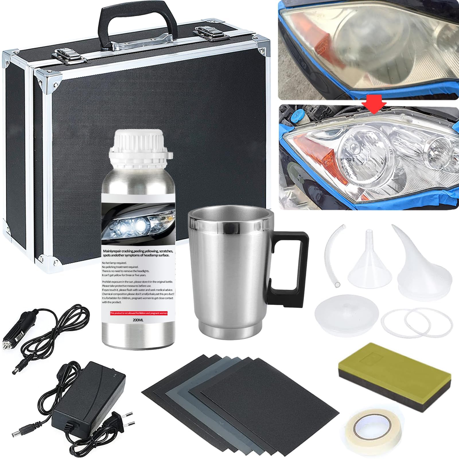 Headlight Restoration Kit, Car Headlight Polish Repair Renovation Kit with 200ML Repair Liquid for Repair Headlight Yellowing, Haze, Oxidation, Scrashes