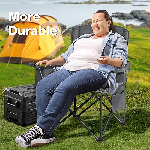 Miniatura 8 de Silla de campamento plegable de gran tamaño, soporte resistente de 500 libras, silla para exteriores con soporte para tazas y bolsa enfriadora,