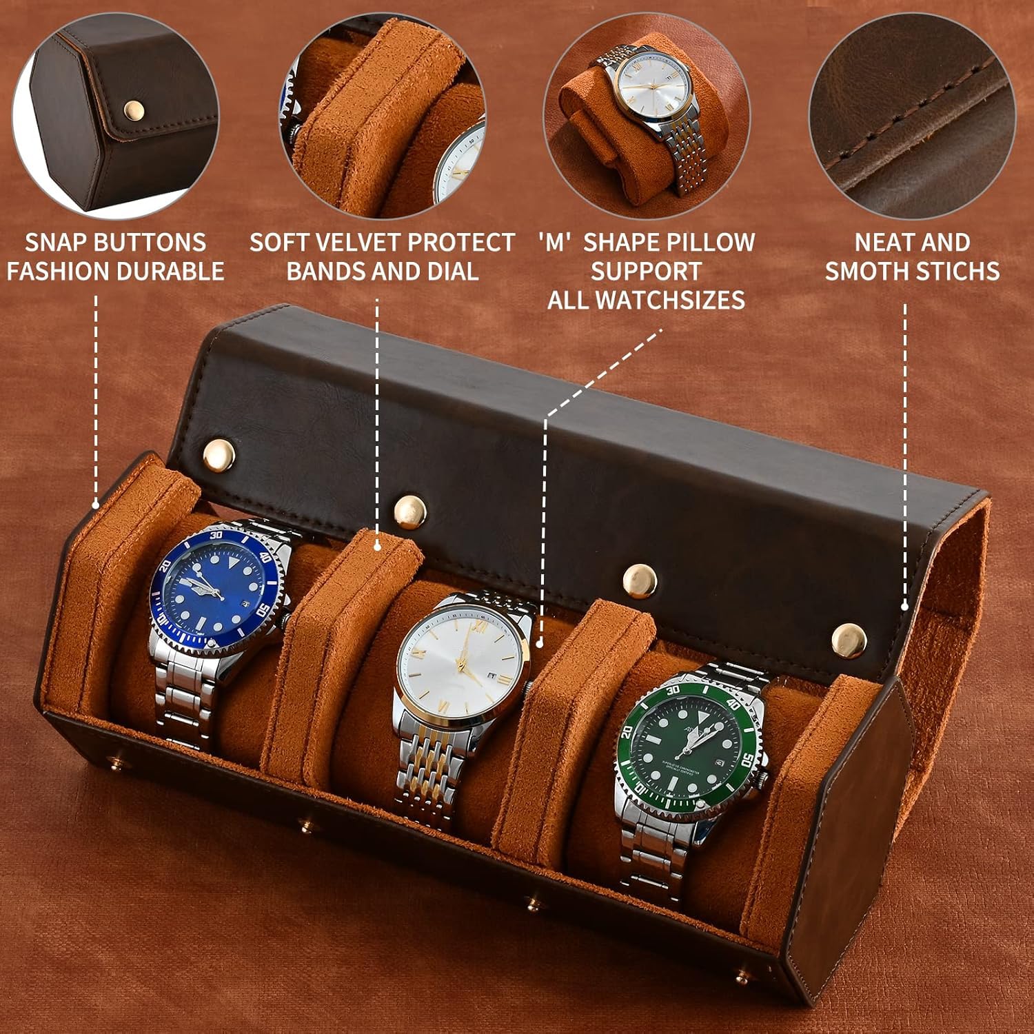 ROSELLE Custodia per orologi da viaggio per uomini e donne, custodia per orologi per 3 orologi | Pelle di lusso|Progettato per cinturini di orologi in acciaio e pelle metallo gomma e braccialetti Storage & Display