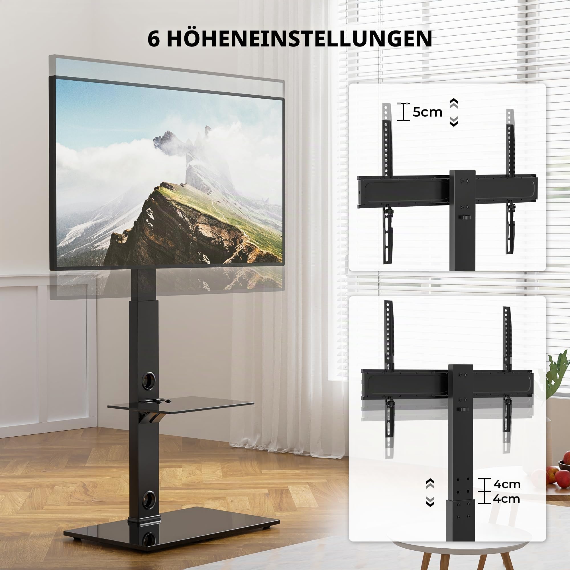 BONTEC TV Ständer für 30-70 Zoll Fernseher, 2 Glasablagen, bis zu 40 kg