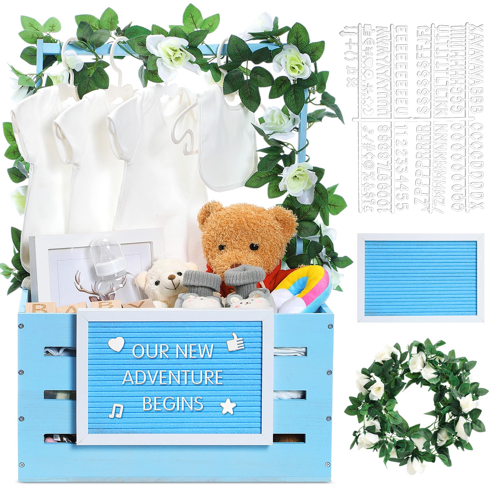 Barydat Wooden Baby Shower Crate Closet, Basket with Handle and Felt Letter Board Kit Garland Baby Shower Wooden Gift Crate Personalized Basket for