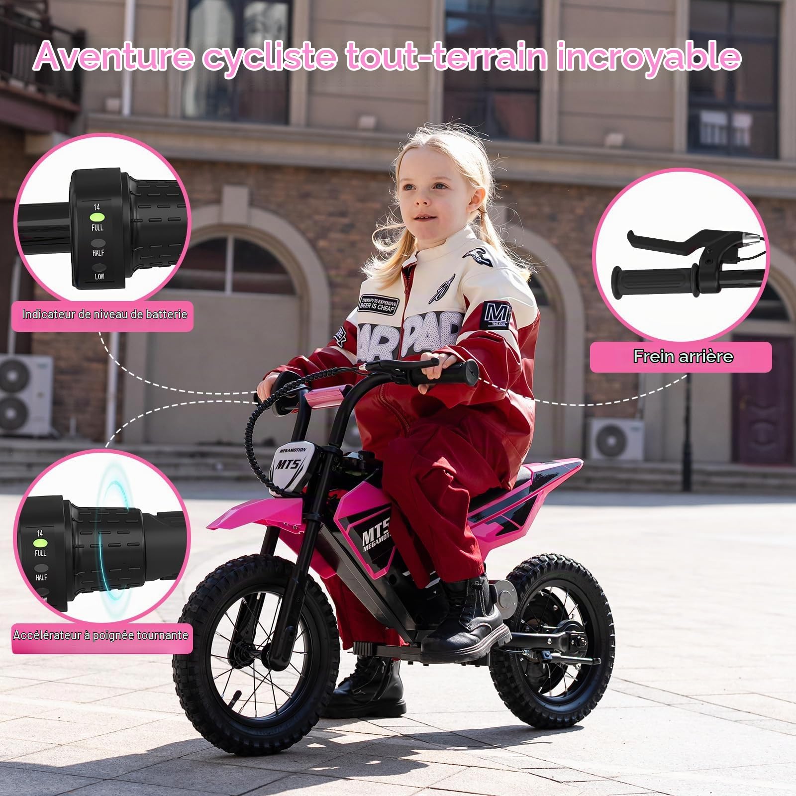 Moto Électrique Enfant 150W, 2 Vitesses 8/16 km/h, Batterie 5,2Ah, Autonomie Jusqu’à 15 km, Pneus Gonflables 12 Pouces, Frein à Tambour, Lumières LED, Charge Max 40 kg
