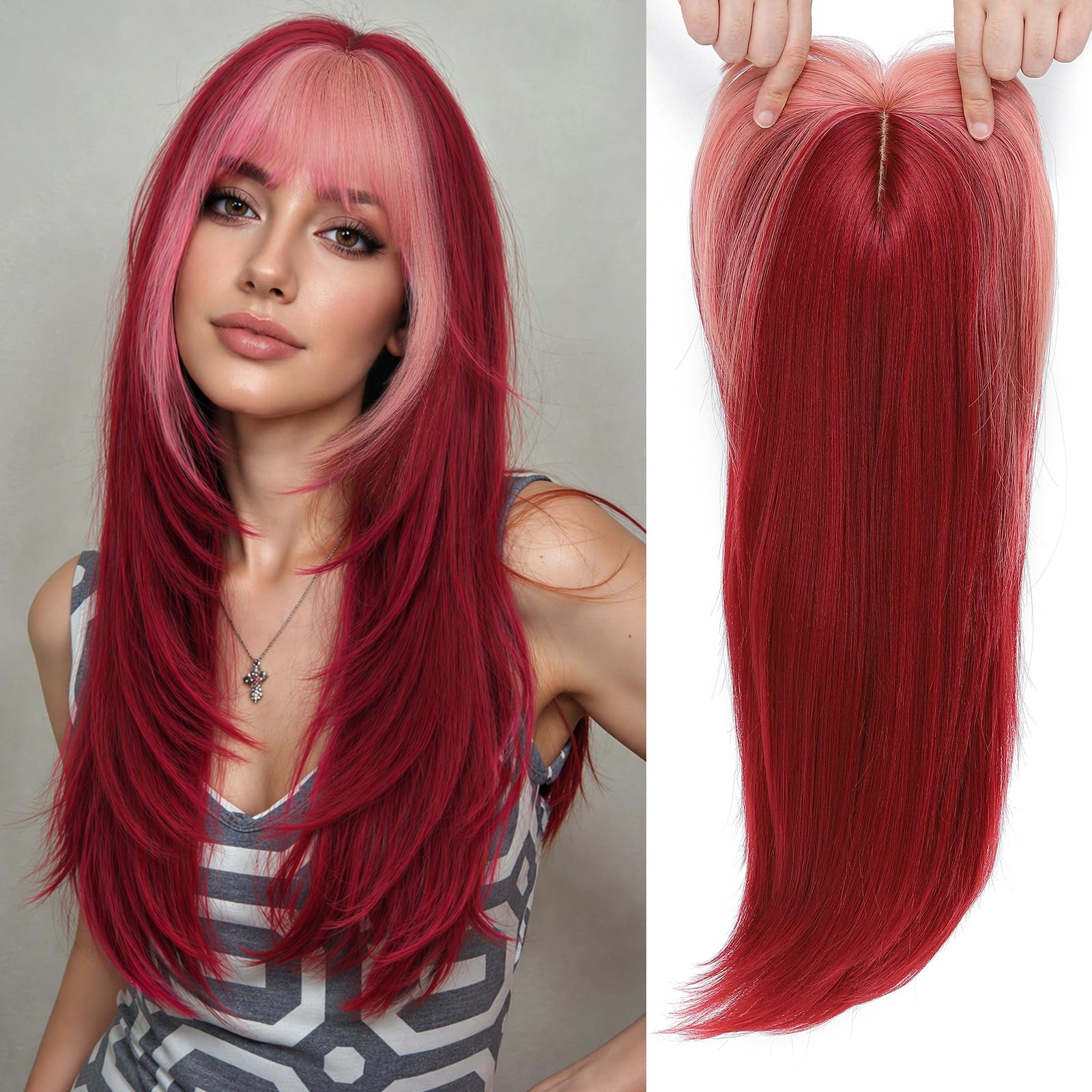 Photo 1 of YKHJH Hair Topper, 22 Inch, Red with Pink Bangs