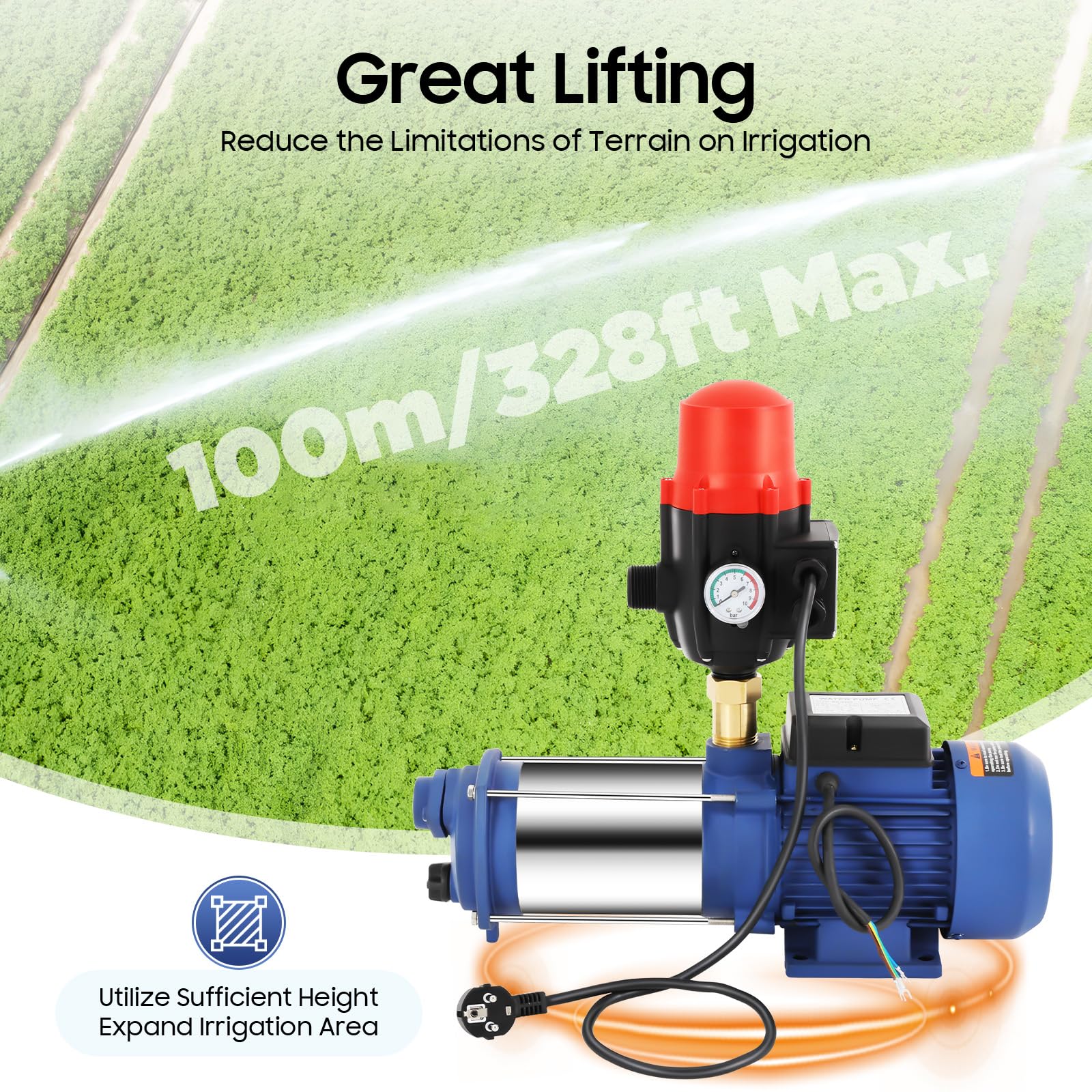 2500W Kreiselpumpe, 4000 L/H 5,5 bar Hauswasserwerk Gartenpumpe Hochdruch Centrifugal Pumpe mit Druckschalter 2850 U/min (Blau)