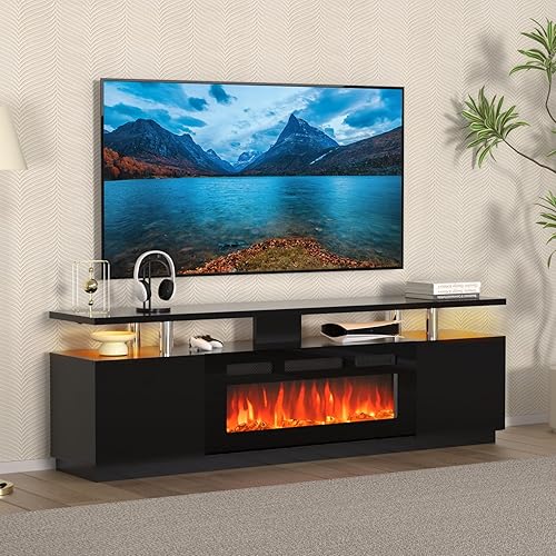 70'' Fireplace TV Stand, Entertainment Center with 36'' Firplace, 2 Tier TV Console Cabinet with Storage Cabinet, Electric Fireplace Heater with LED Light and 12 Flame Colors, Black