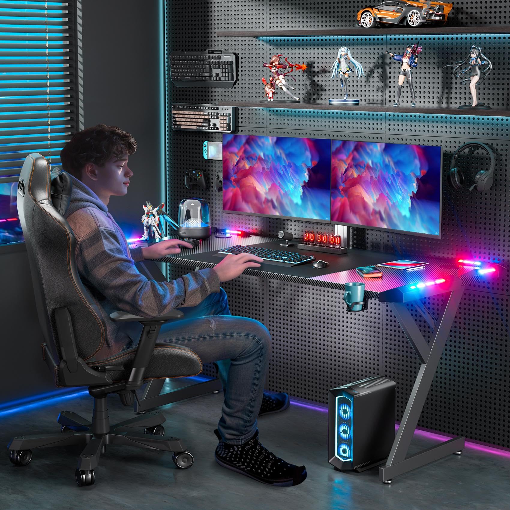 HLFURNIEU LED Mesa Gaming 160 x 60 cm, Escritorio Gaming Ergonómica de Superficie de Fibra de Carbono, Mesa Ordenador con Portavasos y Gancho para Auriculares, Escritorio Gamer Negro