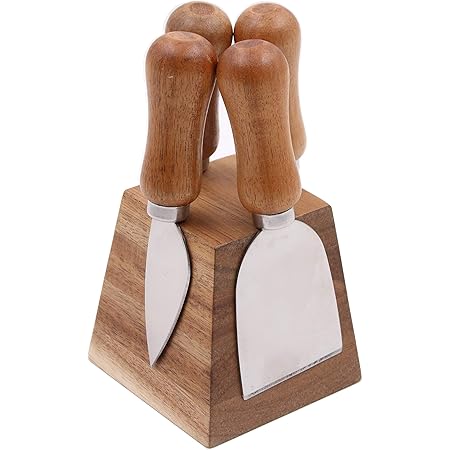 olelo 4 Pieces Cheese Knives Set Includes 4 Stainless Steel Cheese Slicer Cheese Cutter with Wooden Handle & 1 Wooden Magnetic Block Stand…