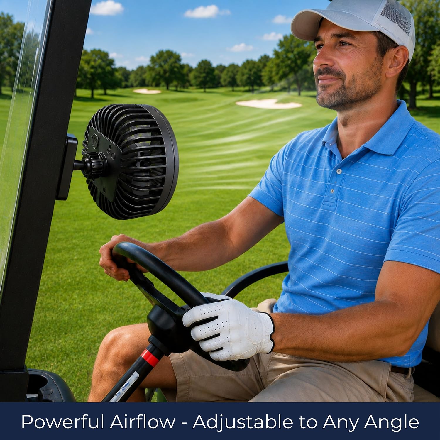 Magnetic Golf Cart Fan, Rechargeable Fan for Metal Golf Cart Struts & Frames, Strong Magnet Mount, Digital Battery Display, 3 Speeds, 360° Adjustable Ball Joint, USB-C