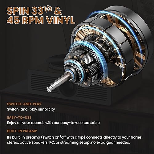 Miniatura 9 de Reproductor de discos de vinilo con Bluetooth y altavoces, tocadiscos para discos de vinilo con cartucho AT-3600L, sonido de alta fidelidad,