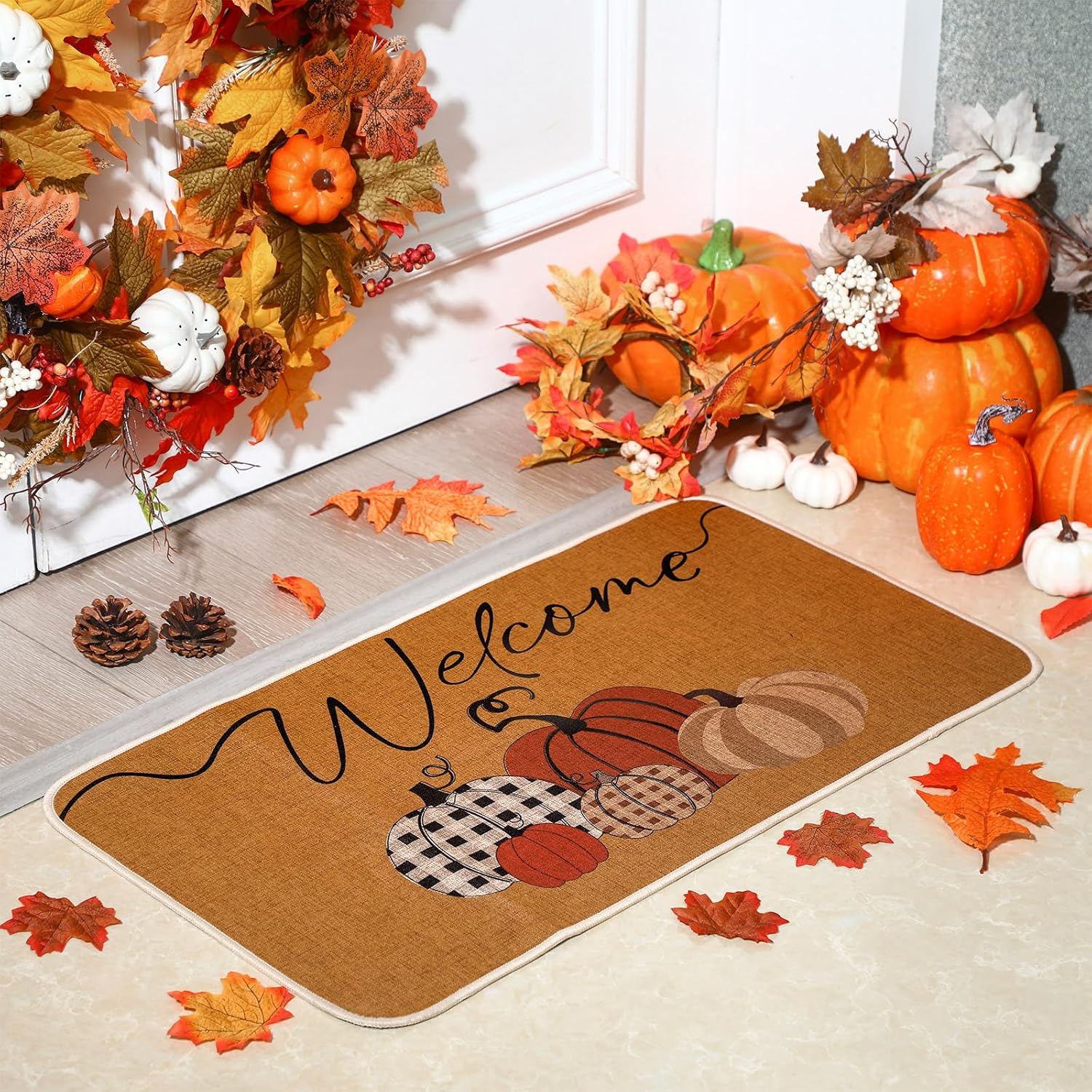 Dunzy 2 Pcs Fall Welcome Mat Outdoor Pumpkin Doormat 17x30 & Black White Plaid Entrance Rug 28x43 Autumn Harvest Front Door Porch Entryway Decor Non Slip Floor Mat Layered for Home Decorations