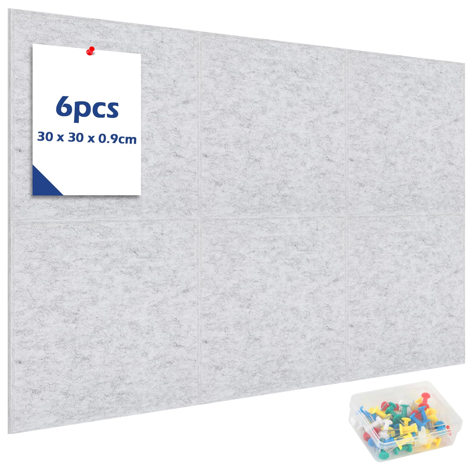 90x60cm Bulletin Board with 50 Pins,6 Pack 30x30cm Decorative Felt Pin Board Wall Tiles with Adhesive Tapes,Notice Board Felt Cork Panel for Photo DIY Memo Display Home Office School