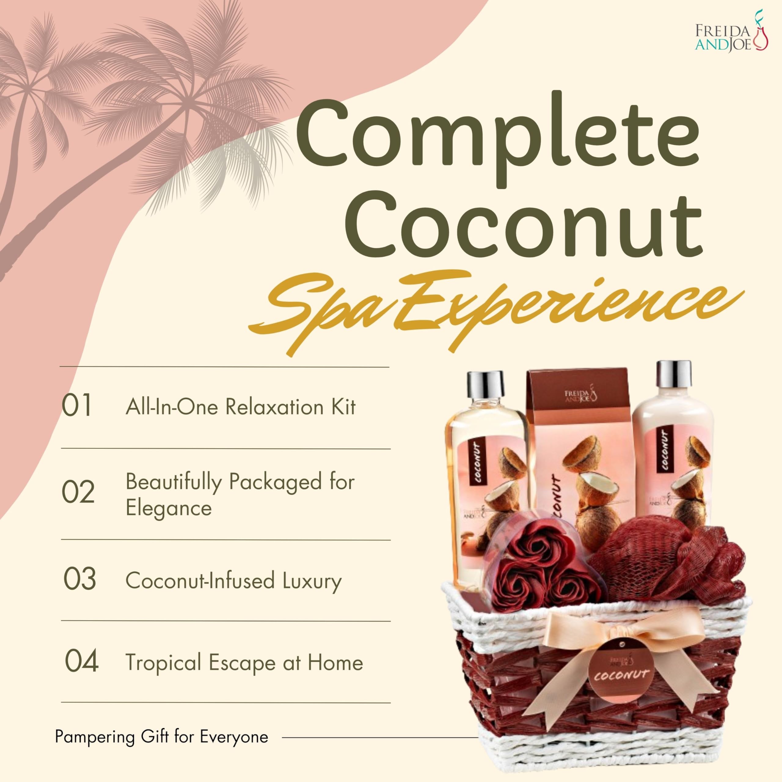 Set regalo da bagno da donna, cesto regalo in cocco spa, set da 6 pezzi con gel doccia, lozione per il corpo, sali da bagno, fiori di sapone, spugna da bagno in un cesto di vimini, regalo perfetto per