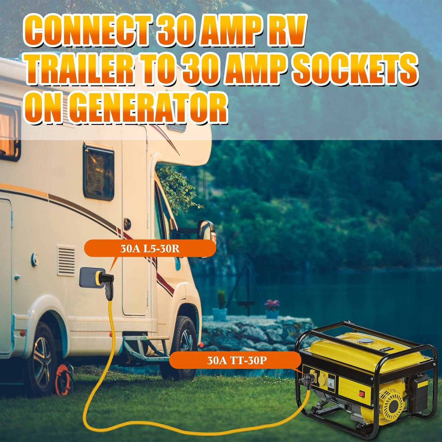 Kanayu 10ft 30 Amp RV Adapter RV Extension Cord with Locking Connector Plug NEMA TT-30P to L5-30R, Generator Extension Power Cord Adapter Plug with 90° Grip Handle, 10AWG/3C STW, ETL Listed